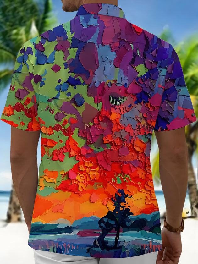 Art Oil Painting Brushstroke Landscape Hawaiian Men's Pocket Short Sleeve Shirts