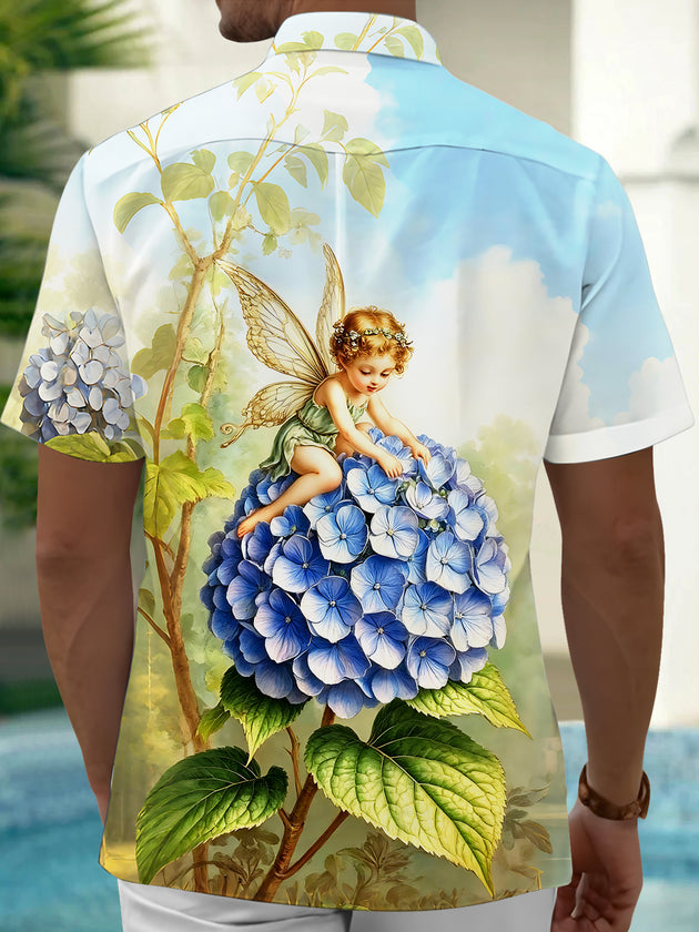 Fairy On Hydrangea Floral Men's Pocket Short Sleeve Shirts
