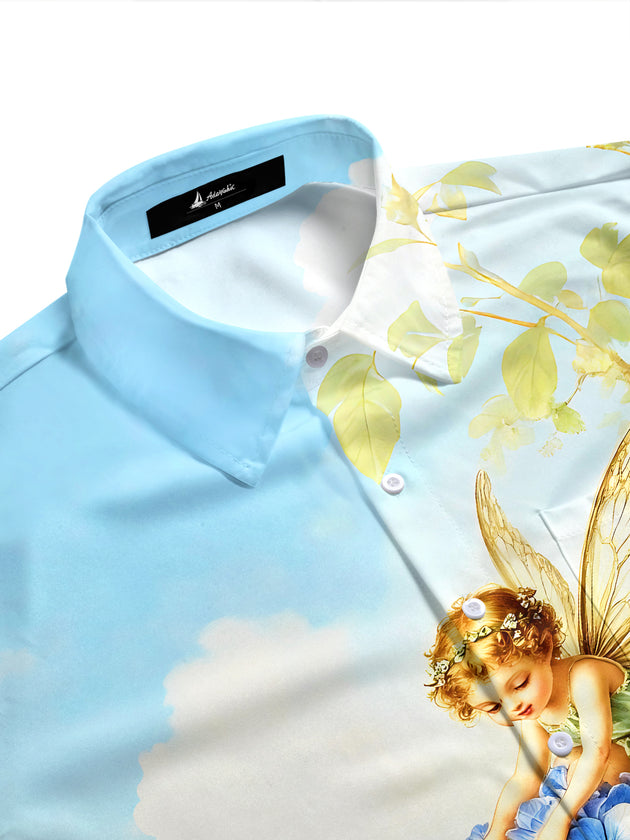 Fairy On Hydrangea Floral Men's Pocket Short Sleeve Shirts