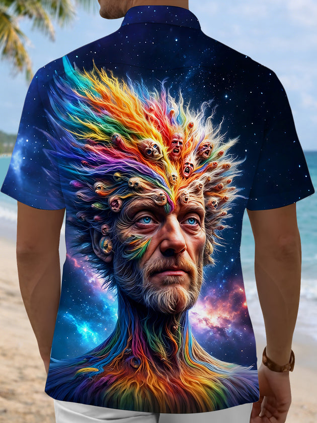 Dark Cosmic Starry Sky Human Face Art Men's Pocket Short Sleeve Shirts