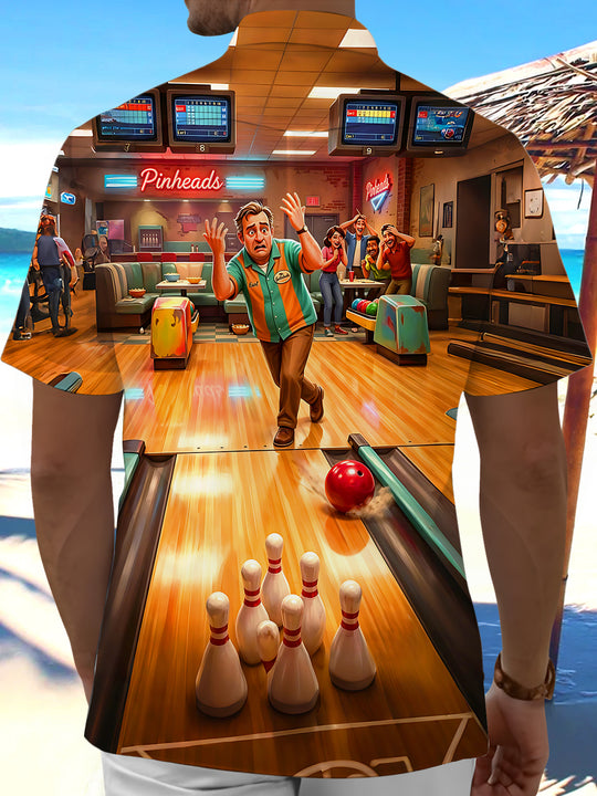 Bowling Alley Sports Fun Scene Men's Pocket Short Sleeve Shirts