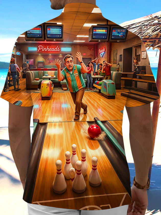 Bowling Alley Sports Fun Scene Men's Pocket Short Sleeve Shirts