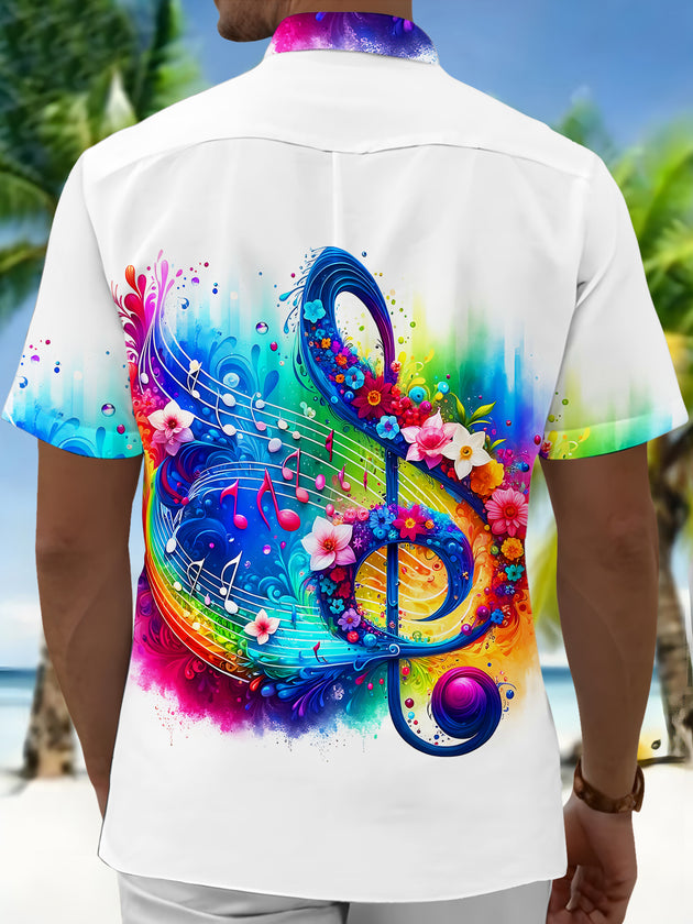 Colorful Tie Dye Music Note With Flowers Men's Pocket Short Sleeve Shirts