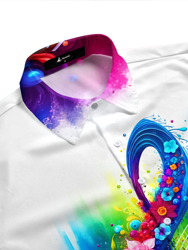 Colorful Tie Dye Music Note With Flowers Men's Pocket Short Sleeve Shirts