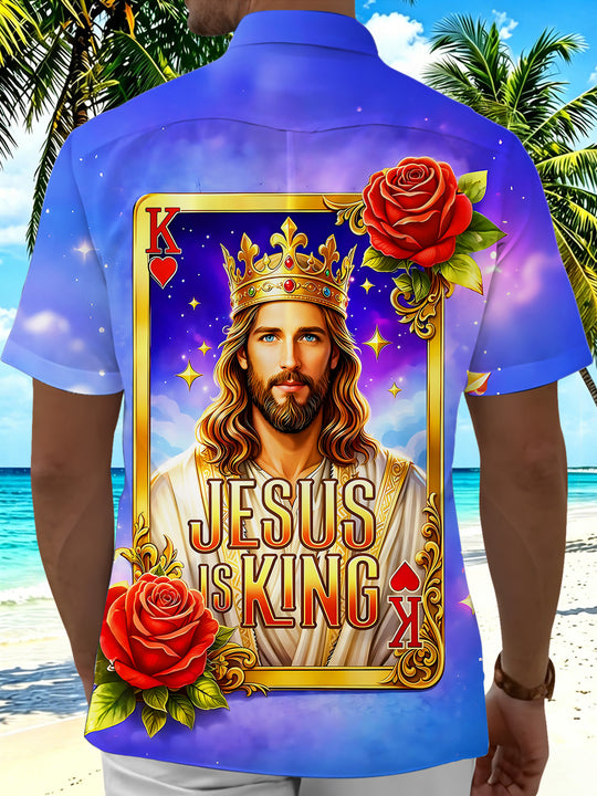 King Of Hearts Jesus Religious With Roses Poker Men's Pocket Short Sleeve Shirts