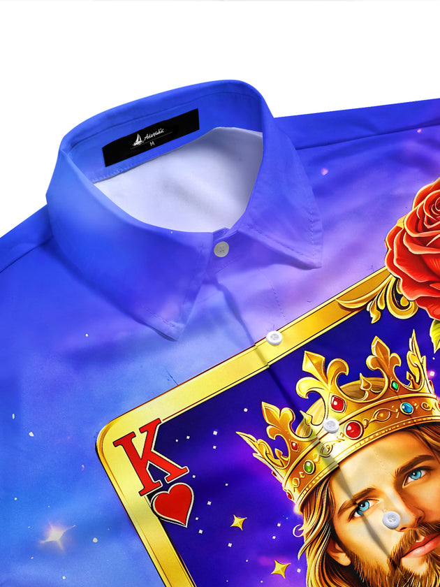 King Of Hearts Jesus Religious With Roses Poker Men's Pocket Short Sleeve Shirts