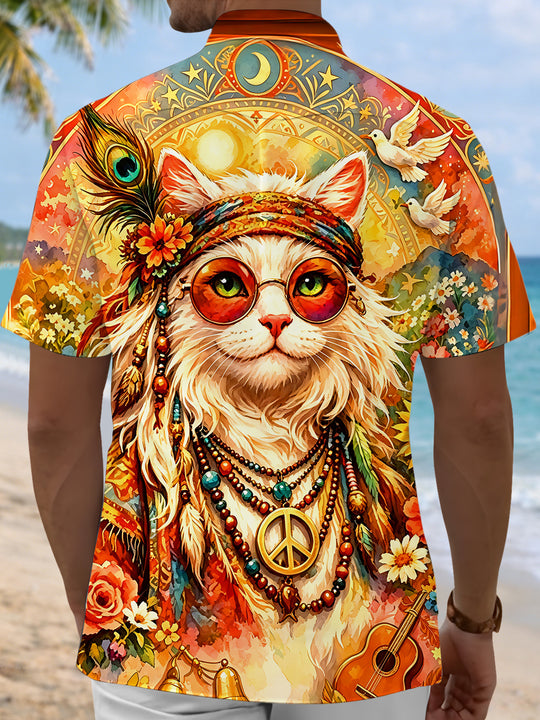 Boho Peace Hippie Cat Men's Pocket Short Sleeve Shirts