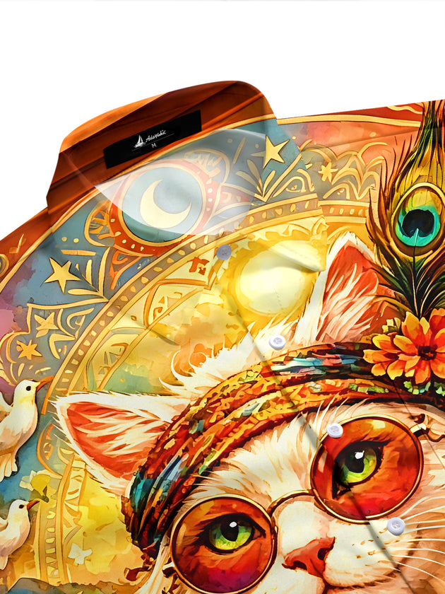 Boho Peace Hippie Cat Men's Pocket Short Sleeve Shirts