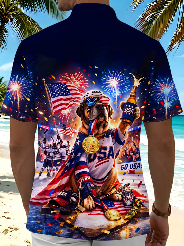 USA Team Victory Bulldog Independence Day Men's Pocket Short Sleeve Shirts