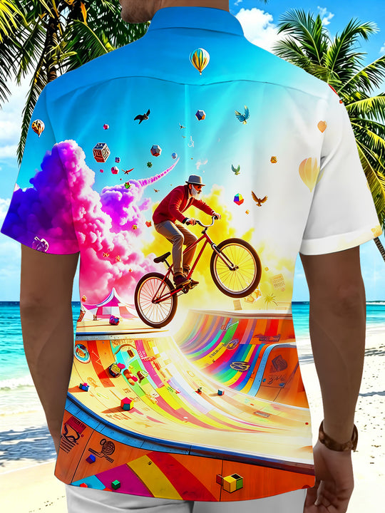 Colorful Skate-park Cyclist Bicycle Parkour Sports Men's Pocket Short Sleeve Shirts