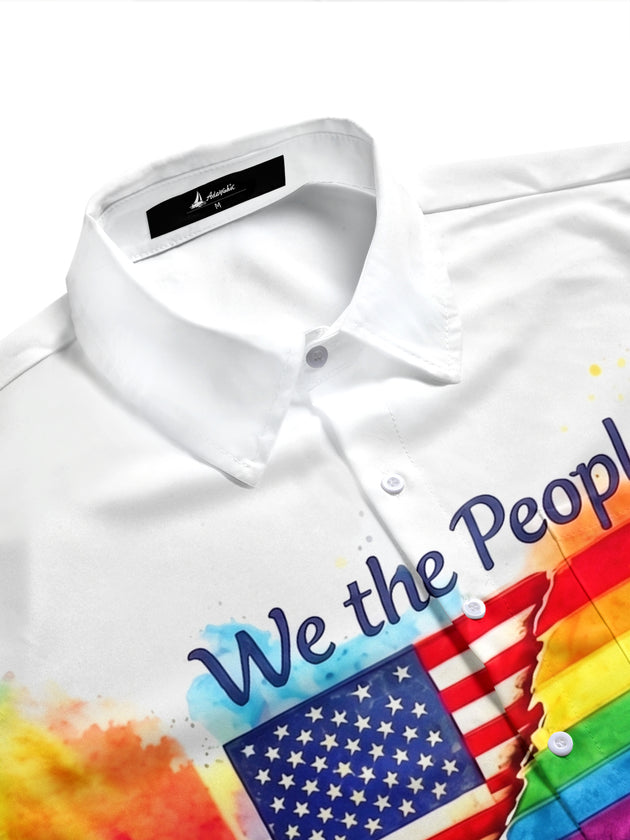 Pride Month We The People Means Everyone Colorful Tie Dye American Flag Equality Men's Pocket Short Sleeve Shirts