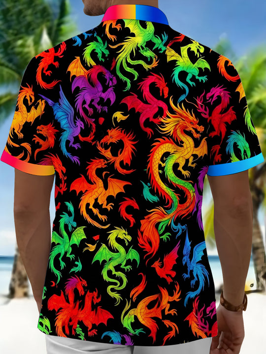 Pride Month Colorful Dragon Print Men's Pocket Short Sleeve Shirts