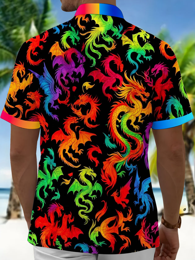 Pride Month Colorful Dragon Print Men's Pocket Short Sleeve Shirts
