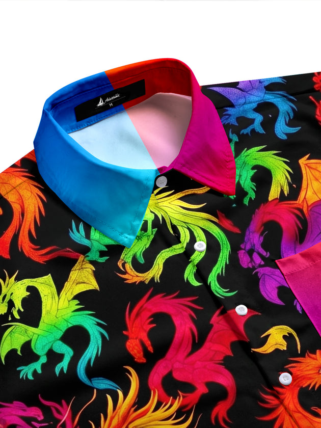 Pride Month Colorful Dragon Print Men's Pocket Short Sleeve Shirts
