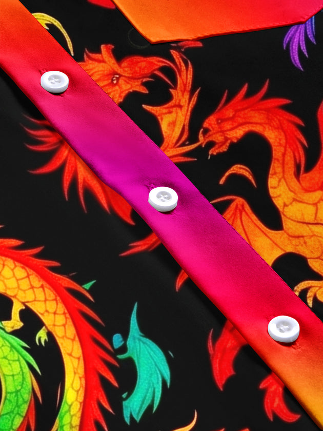 Pride Month Colorful Dragon Print Men's Pocket Short Sleeve Shirts
