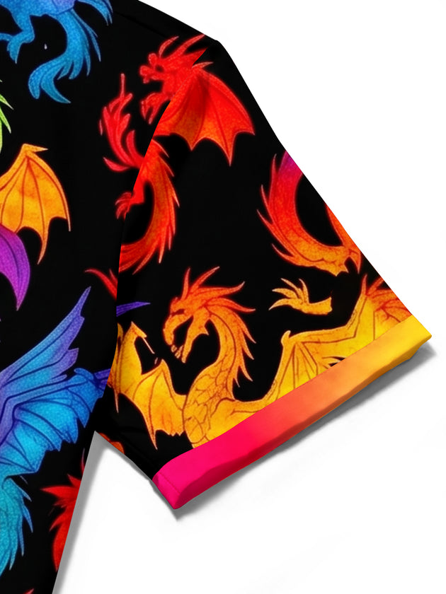 Pride Month Colorful Dragon Print Men's Pocket Short Sleeve Shirts