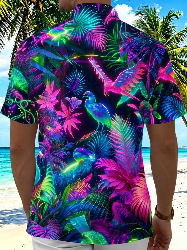 Colorful Fluorescent Hawaiian Neon Jungle Birds Men's Pocket Short Sleeve Shirts