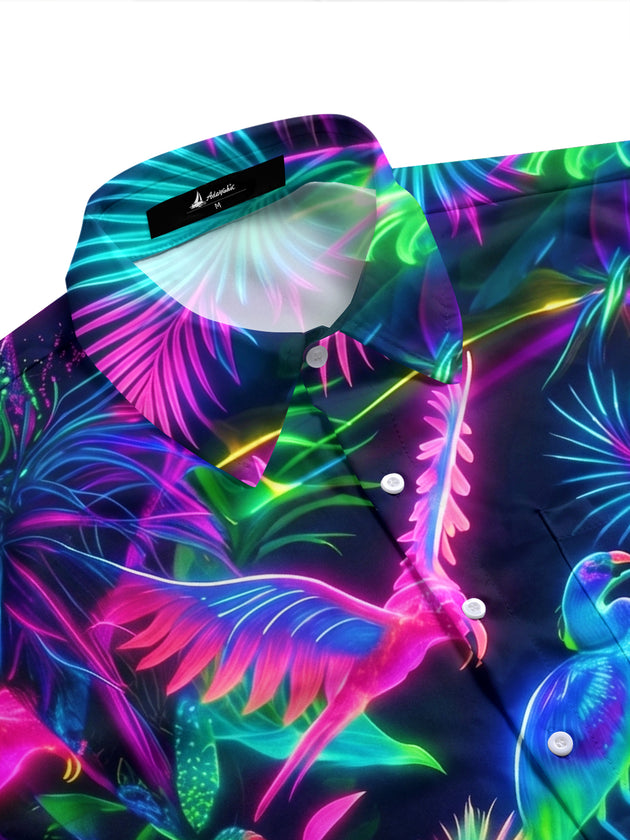 Colorful Fluorescent Hawaiian Neon Jungle Birds Men's Pocket Short Sleeve Shirts