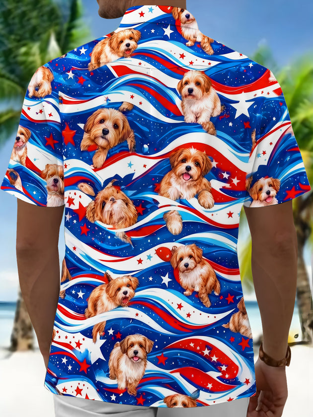 Fun Independence Day Star-Spangled Banner Puppies Men's Pocket Short Sleeve Shirts