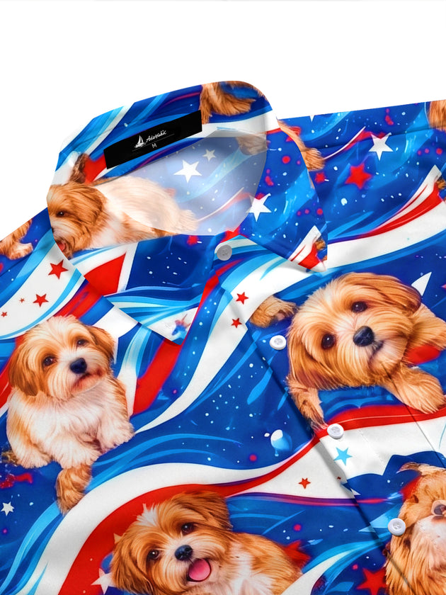 Fun Independence Day Star-Spangled Banner Puppies Men's Pocket Short Sleeve Shirts