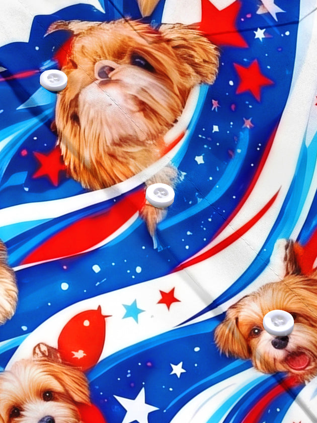 Fun Independence Day Star-Spangled Banner Puppies Men's Pocket Short Sleeve Shirts
