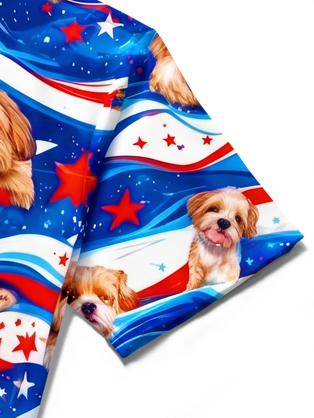 Fun Independence Day Star-Spangled Banner Puppies Men's Pocket Short Sleeve Shirts