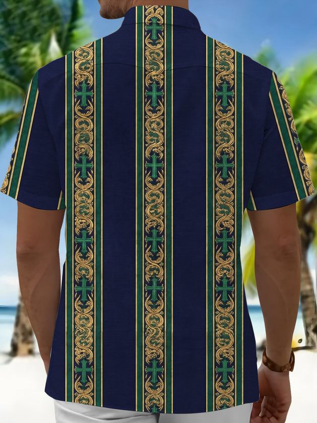 Retro Baroque Cross Religious Stripes Men's Pocket Short Sleeve Shirts