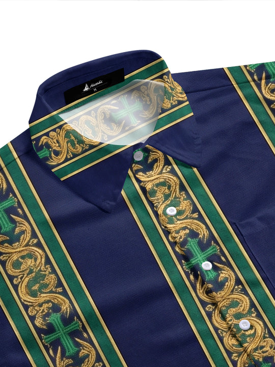 Retro Baroque Cross Religious Stripes Men's Pocket Short Sleeve Shirts
