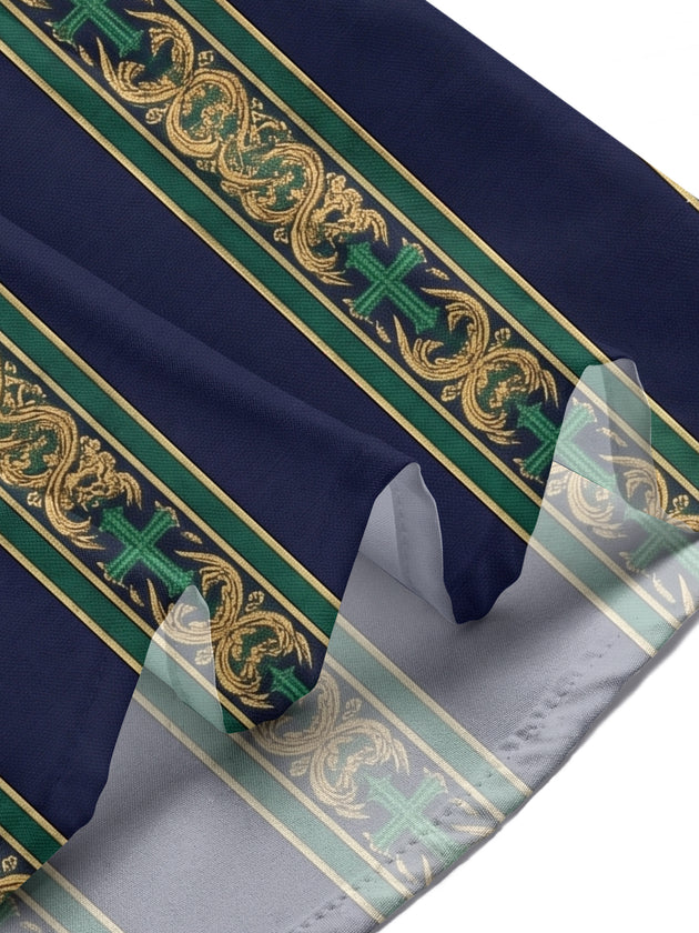 Retro Baroque Cross Religious Stripes Men's Pocket Short Sleeve Shirts