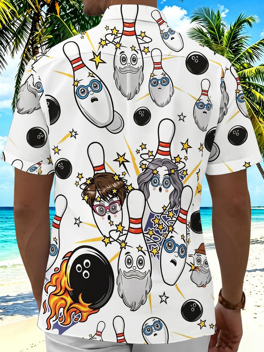 Fun Cartoon Bowling Sports Party Men's Pocket Short Sleeve Shirts