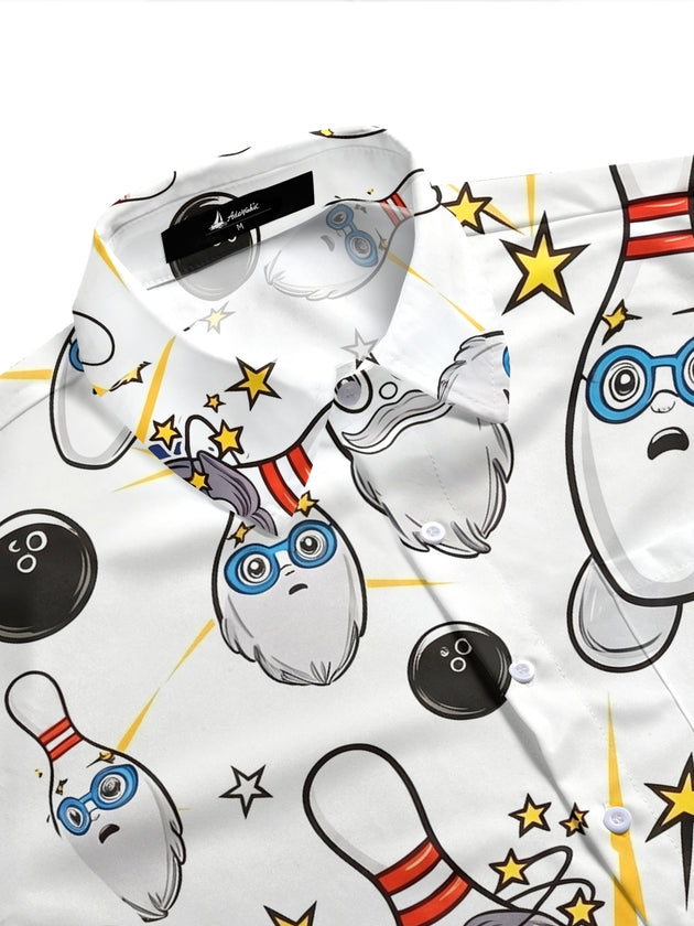 Fun Cartoon Bowling Sports Party Men's Pocket Short Sleeve Shirts