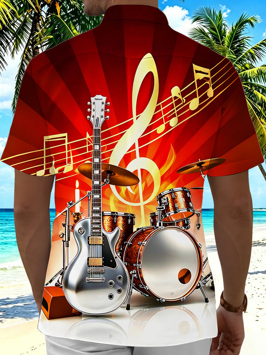 Art Metal Rock Guitar Drum Kit Music Instrument Notes Men's Pocket Short Sleeve Shirts