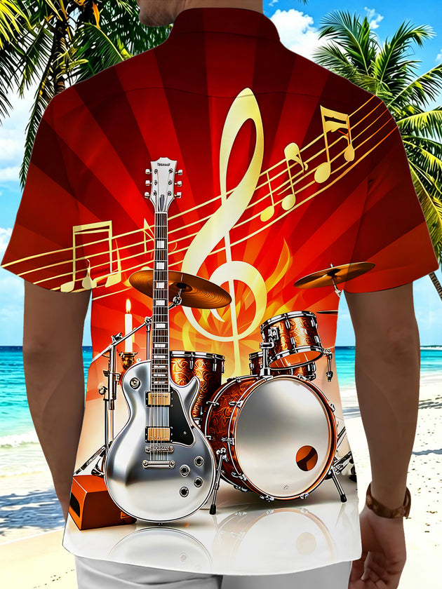 Art Metal Rock Guitar Drum Kit Music Instrument Notes Men's Pocket Short Sleeve Shirts