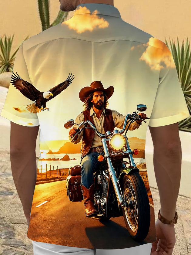 Western Motorcycle Jesus Religious Bald Eagle Men's Pocket Short Sleeve Shirts