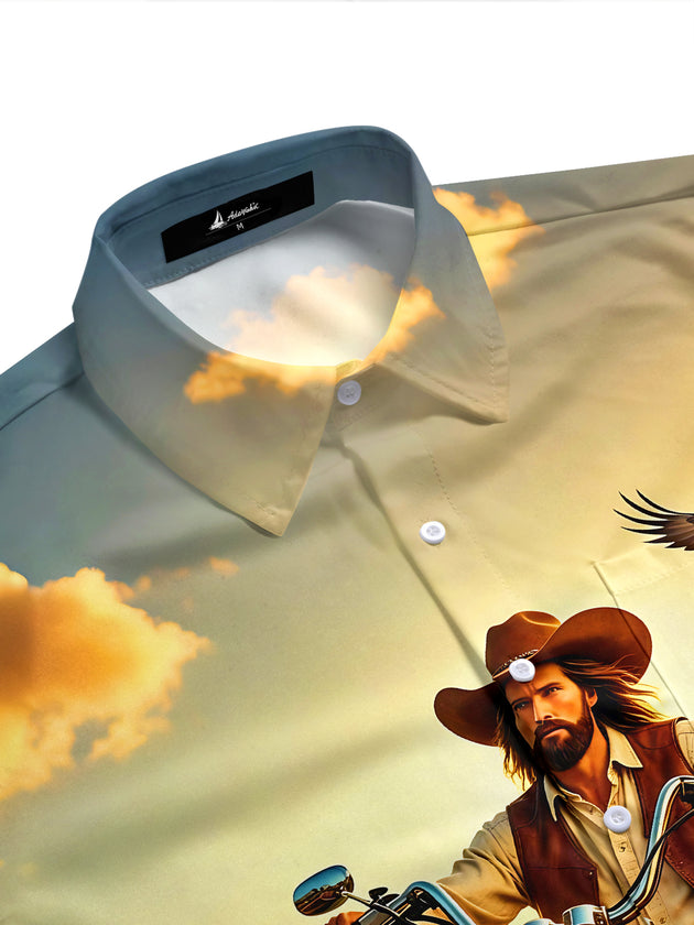 Western Motorcycle Jesus Religious Bald Eagle Men's Pocket Short Sleeve Shirts