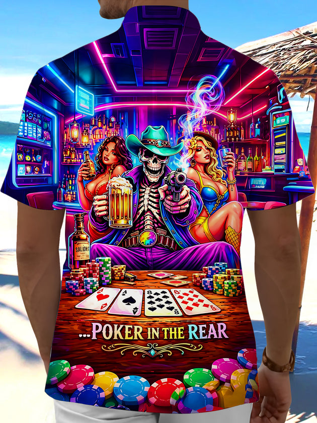 Neon Colorful Bar Skull Skeleton Poker Wine And Beauty Men's Pocket Short Sleeve Shirts