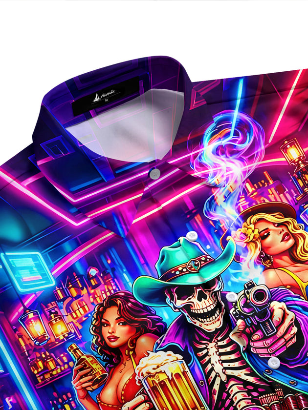 Neon Colorful Bar Skull Skeleton Poker Wine And Beauty Men's Pocket Short Sleeve Shirts