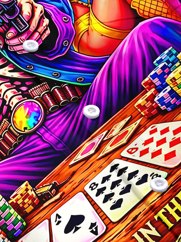 Neon Colorful Bar Skull Skeleton Poker Wine And Beauty Men's Pocket Short Sleeve Shirts