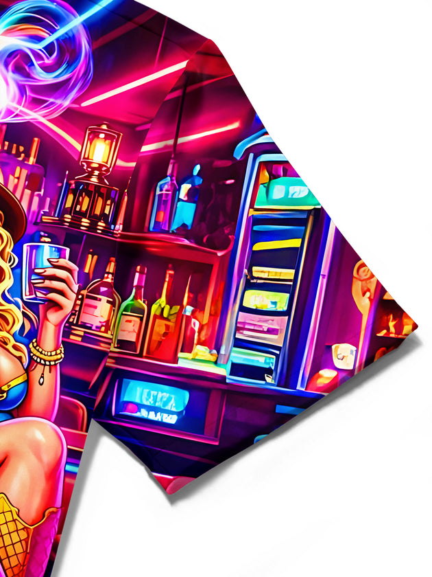 Neon Colorful Bar Skull Skeleton Poker Wine And Beauty Men's Pocket Short Sleeve Shirts