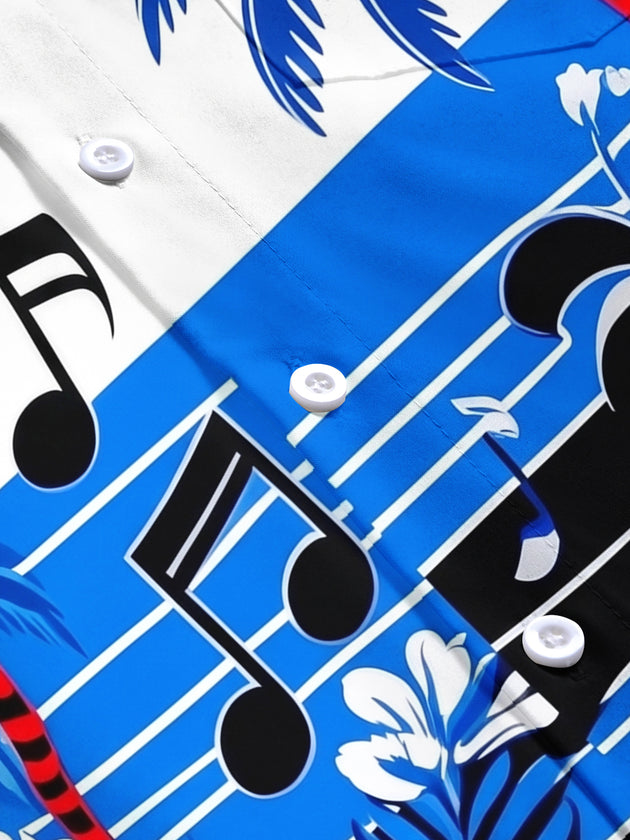 Hawaiian Music Notes Coconut Tree Flowers Men's Short Sleeve Cuban Collar Pocket Shirts And Shorts Set