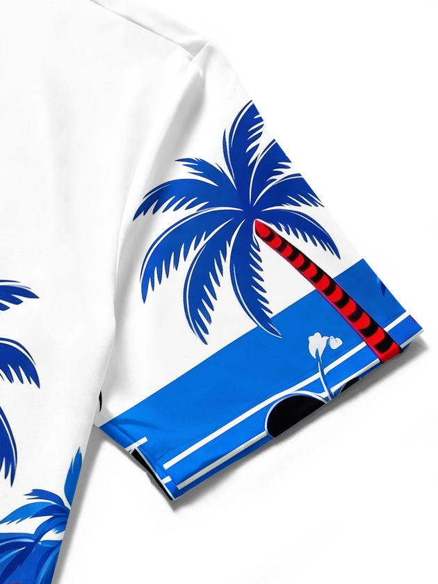 Hawaiian Music Notes Coconut Tree Flowers Men's Short Sleeve Cuban Collar Pocket Shirts And Shorts Set