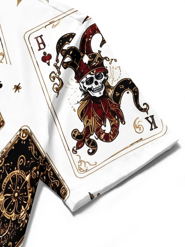 Retro Skull Poker Men's Short Sleeve Cuban Collar Pocket Shirts And Shorts Set