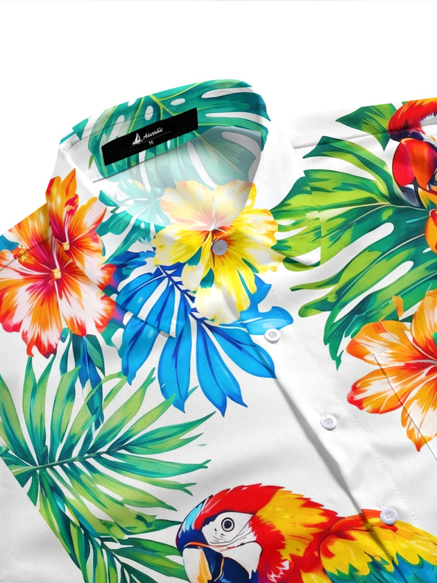Hawaiian Parrot Flowers And Leaves Men's Short Sleeve Pocket Shirts And Shorts Set