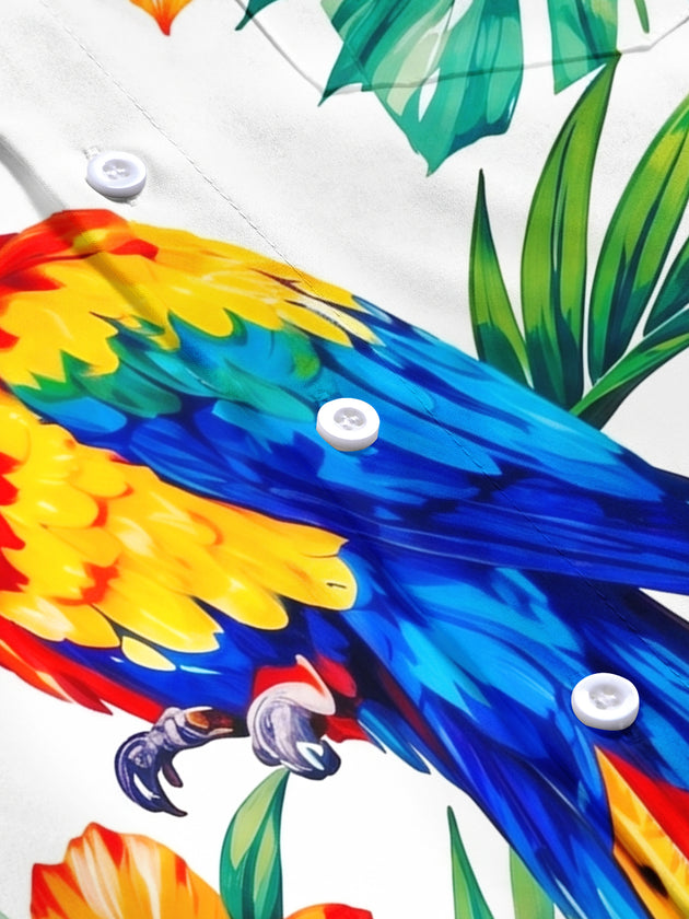 Hawaiian Parrot Flowers And Leaves Men's Short Sleeve Pocket Shirts And Shorts Set