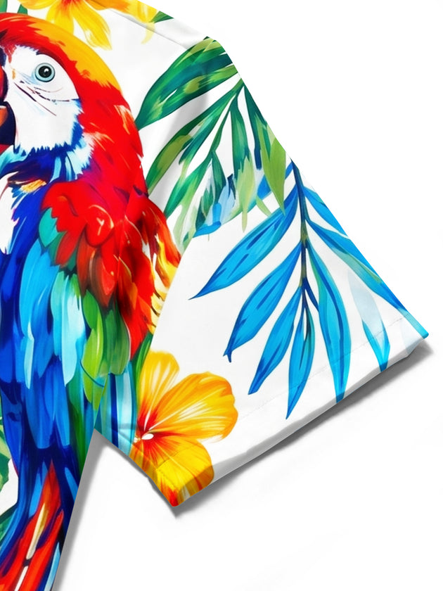 Hawaiian Parrot Flowers And Leaves Men's Short Sleeve Pocket Shirts And Shorts Set