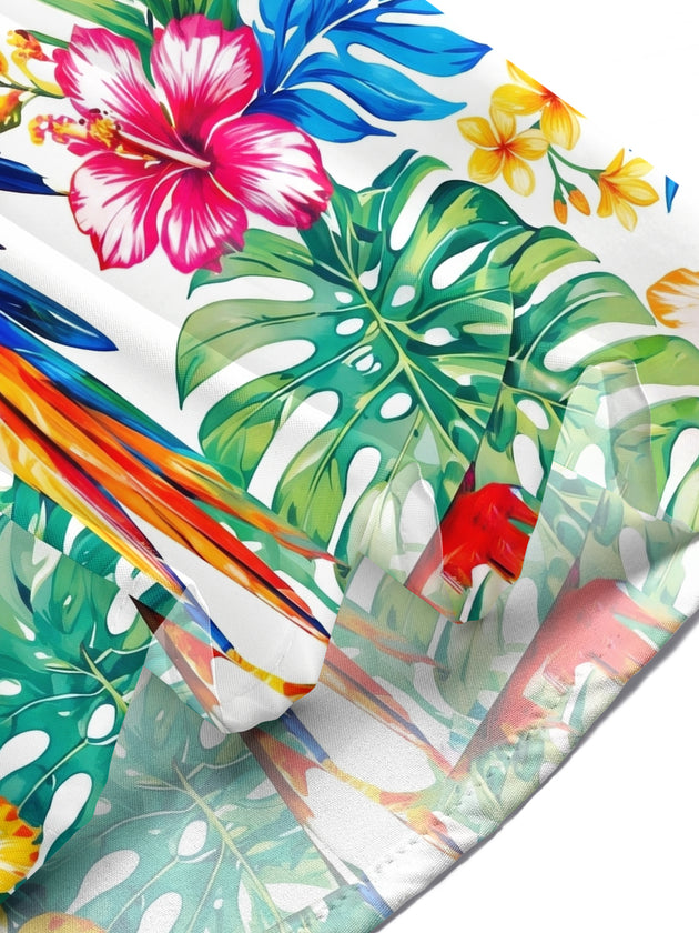 Hawaiian Parrot Flowers And Leaves Men's Short Sleeve Pocket Shirts And Shorts Set