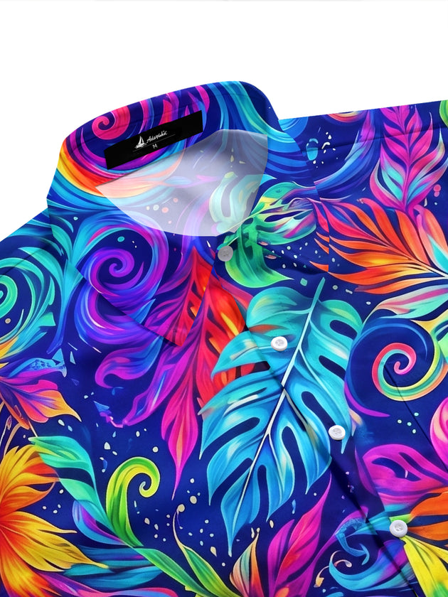 Hawaiian Psychedelic Neon Colorful Tropical Swirl Leaves Men's Short Sleeve Pocket Shirts And Shorts Set