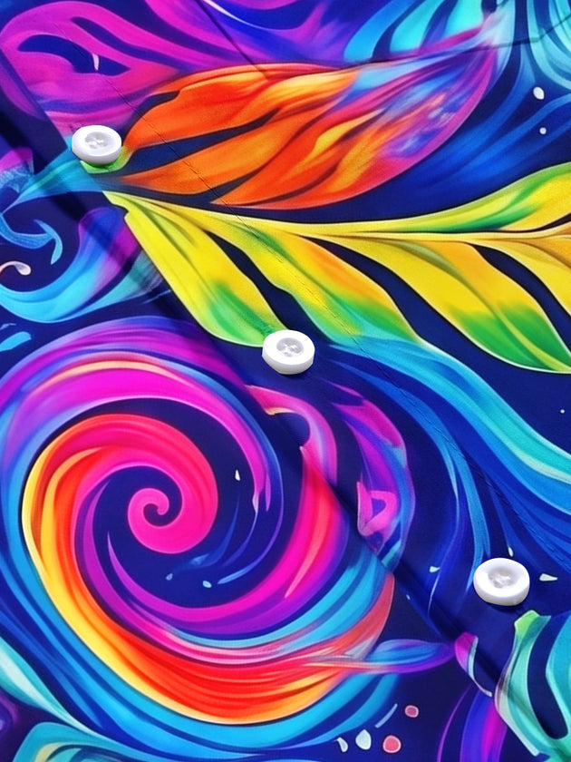 Hawaiian Psychedelic Neon Colorful Tropical Swirl Leaves Men's Short Sleeve Pocket Shirts And Shorts Set