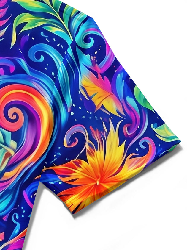 Hawaiian Psychedelic Neon Colorful Tropical Swirl Leaves Men's Short Sleeve Pocket Shirts And Shorts Set