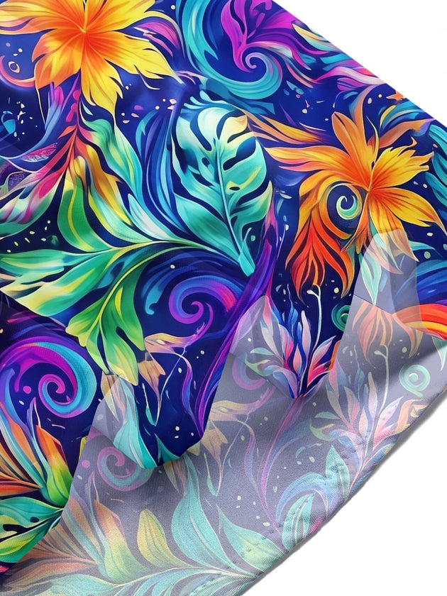 Hawaiian Psychedelic Neon Colorful Tropical Swirl Leaves Men's Short Sleeve Pocket Shirts And Shorts Set